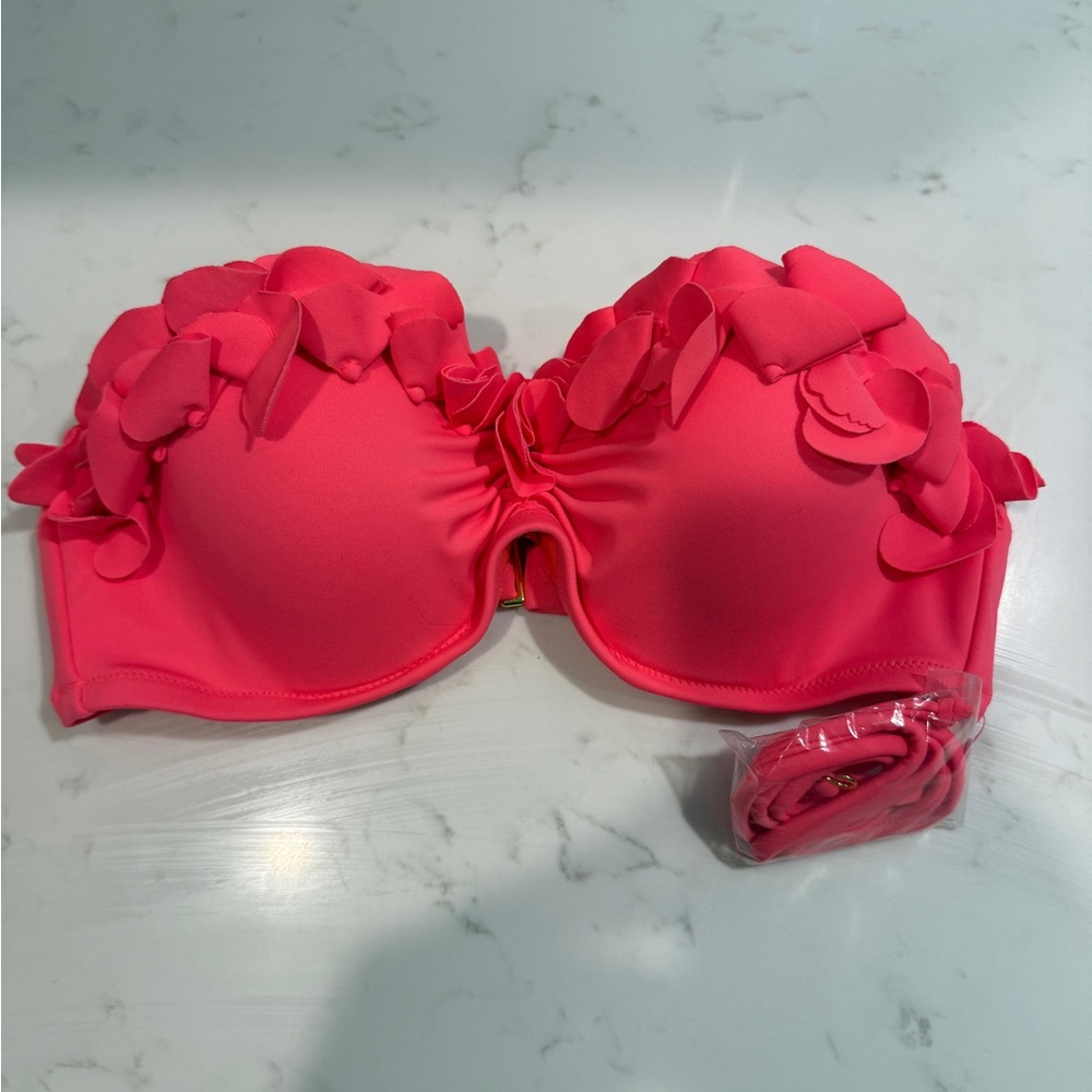 Victorias Secret 34B Bright Neon Pink Bikini Top Ruffle Halter Padded Pushup